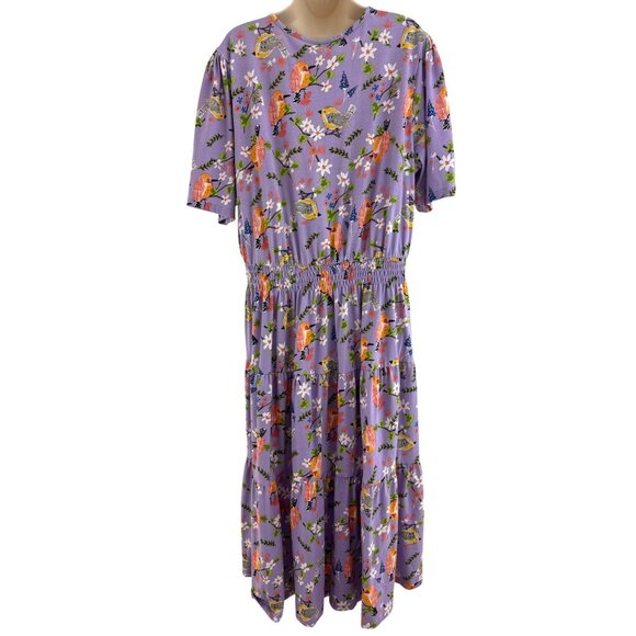 Vintage Purple Floral Bird Print Soft Knit Tiered Maxi Dress Size 20W 2X Plus Sz - Picture 3 of 7
